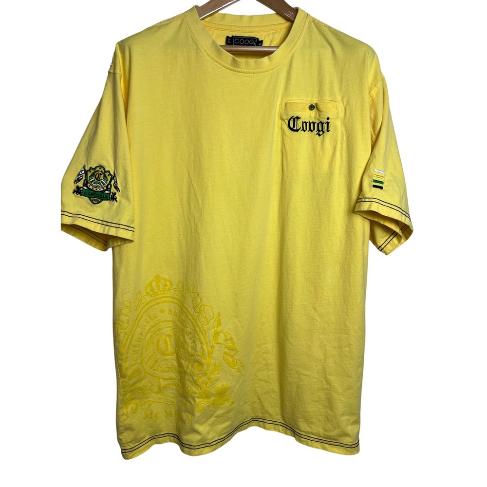 Coogi T-Shirt Mens 4XL Yellow Embroidered Crest Pocket Hip Hop Streetwear A02‎